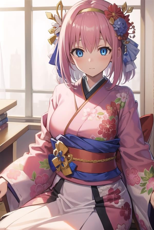 princessconnectyui, <lora:princessconnectyui-lora-nochekaiser:1>,yui, 1girl, blue eyes, hair between eyes, medium hair, pink hair, sidelocks,BREAK blue flower, floral print, flower, hair flower, hair ornament, hairband, japanese clothes, kimono, long sleeves, obi, pink kimono, print kimono, red flower, red hairband, sash, wide sleeves,BREAK looking at viewer,BREAK indoors, classroom,BREAK <lyco:GoodHands-beta2:1>, (masterpiece:1.2), best quality, high resolution, unity 8k wallpaper, (illustration:0.8), (beautiful detailed eyes:1.6), extremely detailed face, perfect lighting, extremely detailed CG, (perfect hands, perfect anatomy),