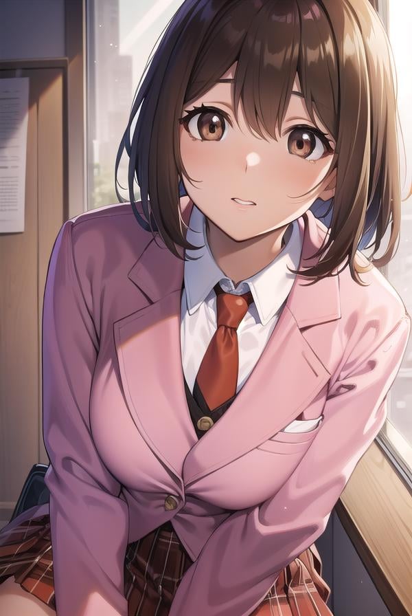 princessconnectyui, <lora:princessconnectyui-lora-nochekaiser:1>,yui, bob cut, (brown eyes:1.7), brown hair, medium hair,BREAK blazer, jacket, necktie, (pink jacket:1.5), plaid, plaid skirt, pleated skirt, red necktie, (red skirt:1.5), school uniform, skirt, tsubakigaoka metropolitan high school uniform,BREAK looking at viewer,BREAK indoors, classroom,BREAK <lyco:GoodHands-beta2:1>, (masterpiece:1.2), best quality, high resolution, unity 8k wallpaper, (illustration:0.8), (beautiful detailed eyes:1.6), extremely detailed face, perfect lighting, extremely detailed CG, (perfect hands, perfect anatomy),