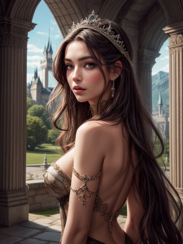 upper body portrait of a beautiful woman,  fantasy art,  background is a castle,<lora:EMS-179-EMS:0.800000>