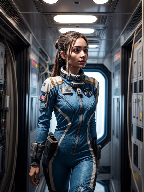 beautiful woman in rebel pilot suit, on a space station, corridor, looking at tech, thinking, masterpiece, intricate details,<lora:EMS-179-EMS:0.800000>