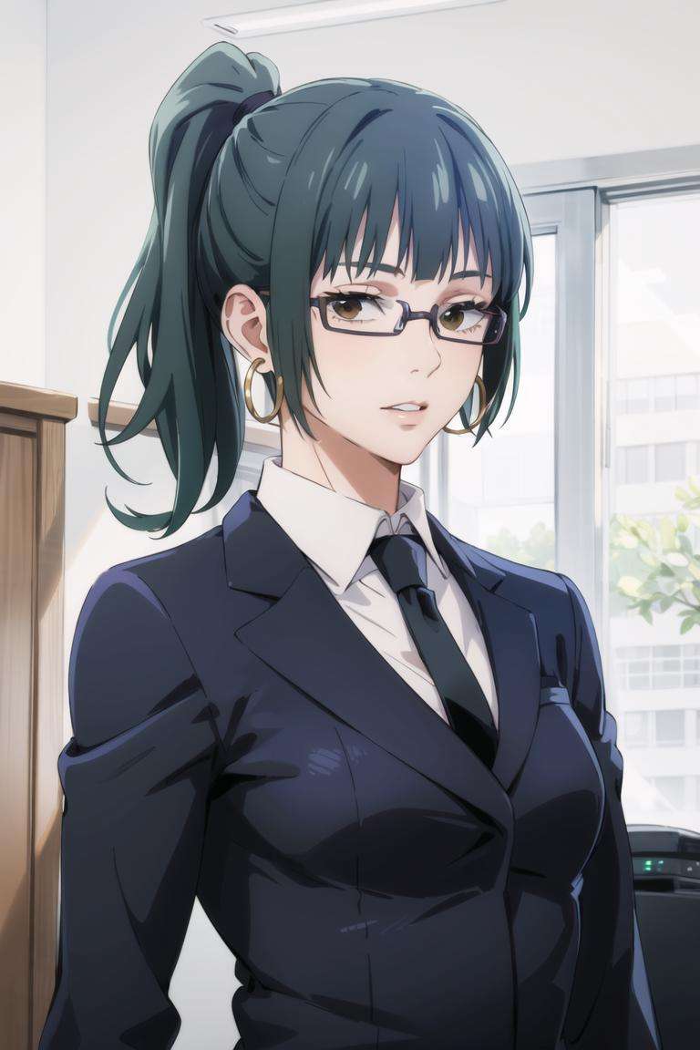 (((masterpiece))), best quality, zenin_maki,ponytail,glasses,bangs,green hair,brown eyes,upper body, looking at viewer, indoor,hoop Earrings, office lady, black suit, business clothes, black necktie, smalllips, 1 girl, solo