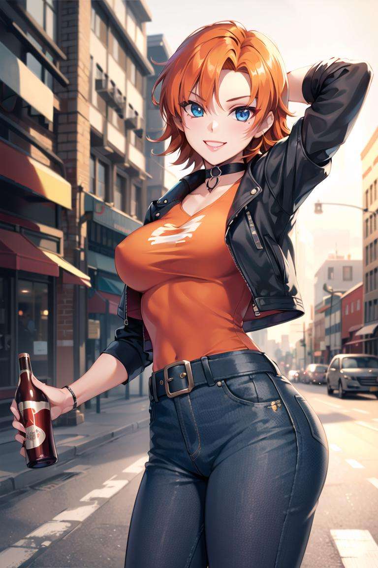 1girl,cowboy shot, beautiful (nora_valkyrie), looking at viewer, smile, short hair, blue eyes, orange hair, green shirt, pants, belt, dynamic pose,choker, long jacket, city, smile, outdoors(volumetric lighting), best quality, masterpiece, intricate details, tonemapping, sharp focus, hyper detailed, trending on Artstation,