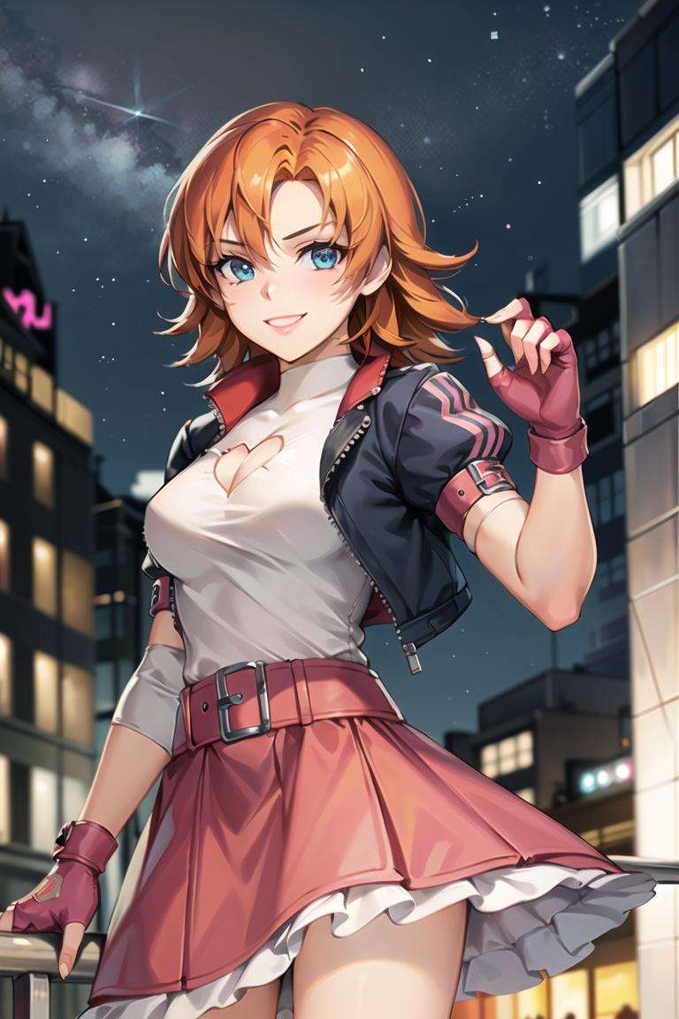 1girl,cowboy shot, beautiful nora_valkyrie, looking at viewer, smile, short hair, blue eyes,heart cutout, gloves,  jacket, pink skirt, pink belt, short sleeves, puffy sleeves, single armband, fingerless gloves, orange hair, pink gloves, dynamic pose, night, outdoors, city, (volumetric lighting), best quality, masterpiece, intricate details, tonemapping, sharp focus, hyper detailed, trending on Artstation,