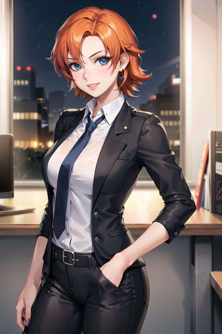 1girl,cowboy shot, beautiful (nora_valkyrie), looking at viewer, smile, lips, short hair, blue eyes, orange hair, indoor,hoop earring, office lady, black suit,pants, business clothes, black necktie,black nail,(night), window, (volumetric lighting), best quality, masterpiece, intricate details, tonemapping, sharp focus, hyper detailed, trending on Artstation,