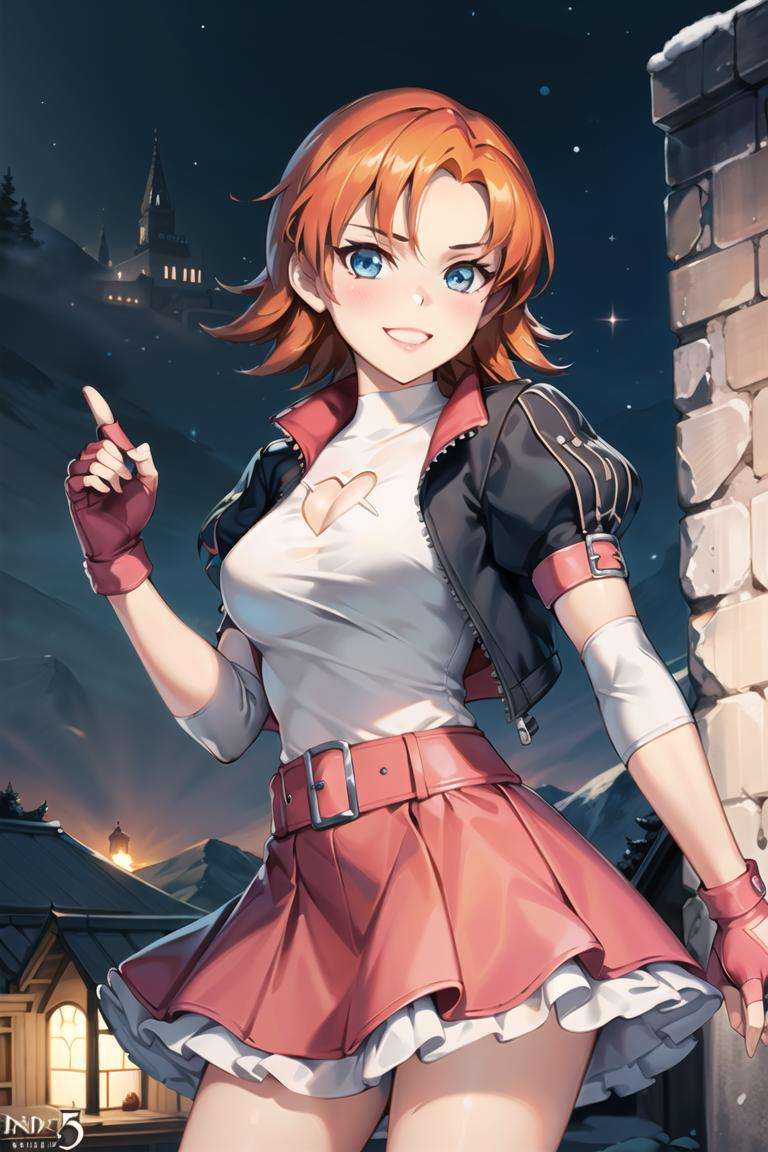 1girl,cowboy shot, beautiful nora_valkyrie, looking at viewer, smile, short hair, blue eyes,heart cutout, gloves, jacket, pink skirt, pink belt, short sleeves, puffy sleeves, fingerless gloves, orange hair, pink gloves,, night, outdoors, mountain, (volumetric lighting), best quality, masterpiece, intricate details, tonemapping, sharp focus, hyper detailed, trending on Artstation,