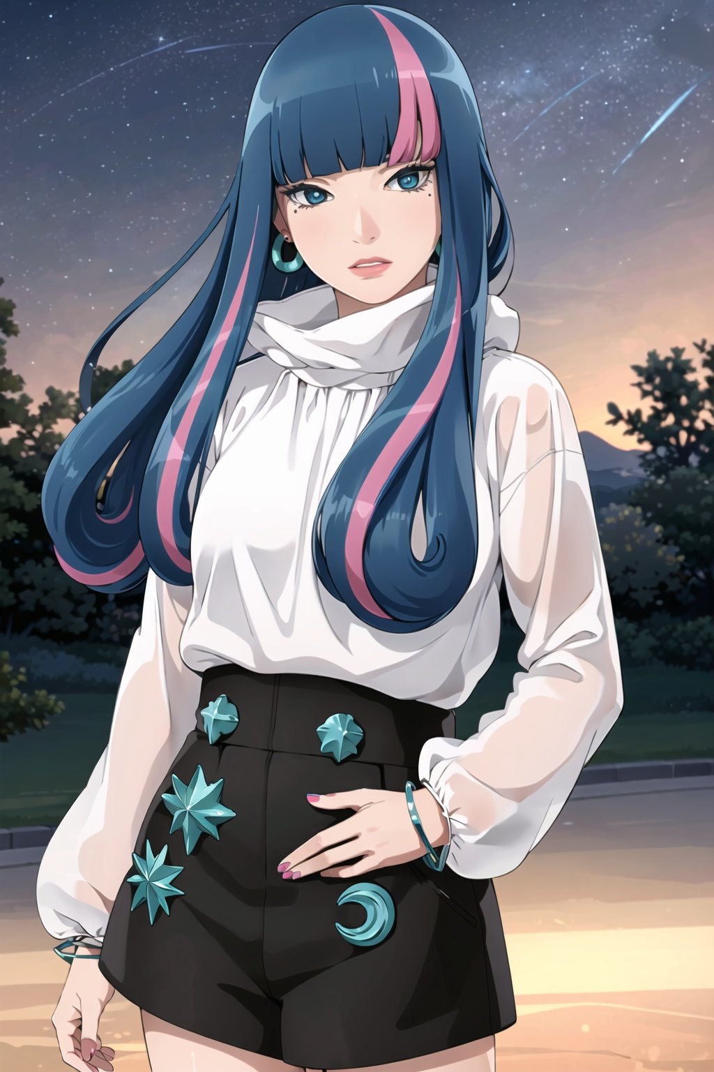 ((best quality)), ((highly detailed)), masterpiece, ((official art)), detailed face, beautiful face, (detailed eyes:1.3, deep eyes), (eida), long hair, looking at viewer, bangs, blue eyes, shirt, long sleeves, jewelry, very long hair, blue hair, pink hair, multicolored hair, earrings, sky, shorts, blunt bangs, star (symbol), nail polish, bracelet, two-tone hair, streaked hair, hand on hip, short shorts, night, black shorts, crescent, star (sky), night sky, personification, starry sky, high-waist shortsbest quality, masterpiece, intricate details, tonemapping, sharp focus, hyper detailed, trending on Artstation,1 girl, solo,best quality, masterpiece, intricate details, tonemapping, sharp focus, hyper detailed, trending on Artstation,1 girl, solo