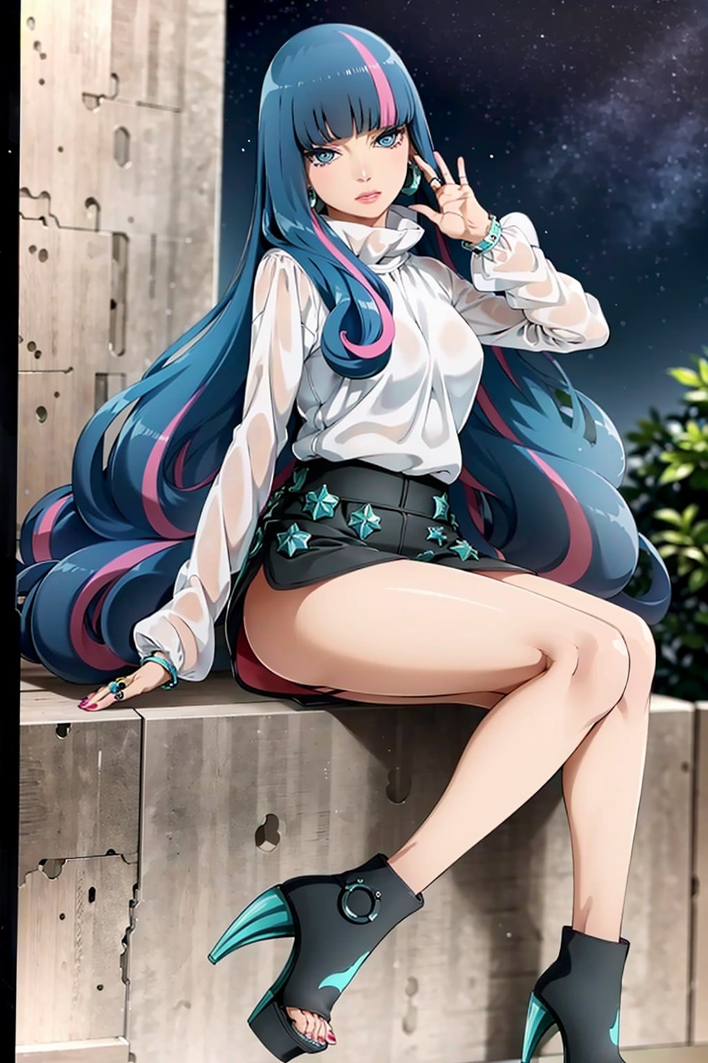 ((best quality)), ((highly detailed)), masterpiece, ((official art)), detailed face, beautiful face, (detailed eyes:1.3, deep eyes), (eida), long hair, looking at viewer, bangs, blue eyes, shirt, long sleeves, jewelry, very long hair, blue hair, full body, (sitting),white shirt, pink hair, multicolored hair, earrings, boots, shorts, blunt bangs, star (symbol), (sky), (night), outdours, nail polish, black footwear,  high heels, streaked hair,  black shorts, border, ring, high heel boots,dynamic pose, dynamic angle, fashion,best quality, masterpiece, intricate details, tonemapping, sharp focus, hyper detailed, trending on Artstation,1 girl, solo,best quality, masterpiece, intricate details, tonemapping, sharp focus, hyper detailed, trending on Artstation,1 girl, solo