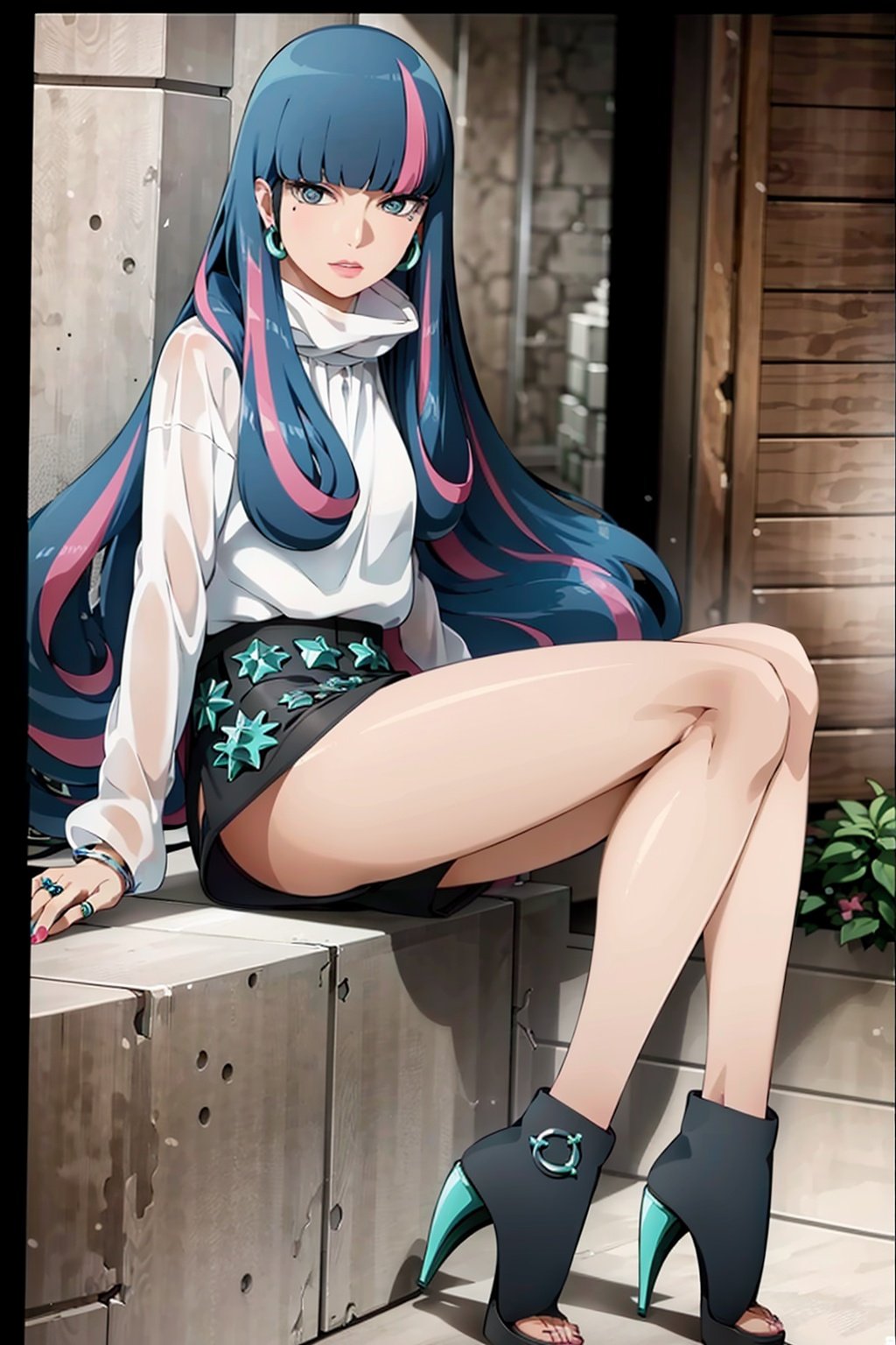 ((best quality)), ((highly detailed)), masterpiece, ((official art)), detailed face, beautiful face, (detailed eyes:1.3, deep eyes), (eida), long hair, looking at viewer, bangs, blue eyes, shirt, long sleeves, jewelry, very long hair, blue hair, full body, (sitting),white shirt, pink hair, multicolored hair, earrings, boots, shorts, blunt bangs, star (symbol), nail polish, black footwear,  high heels, streaked hair,  black shorts, border, ring, high heel boots,dynamic pose, dynamic angle, fashion,best quality, masterpiece, intricate details, tonemapping, sharp focus, hyper detailed, trending on Artstation,1 girl, solo,best quality, masterpiece, intricate details, tonemapping, sharp focus, hyper detailed, trending on Artstation,1 girl, solo