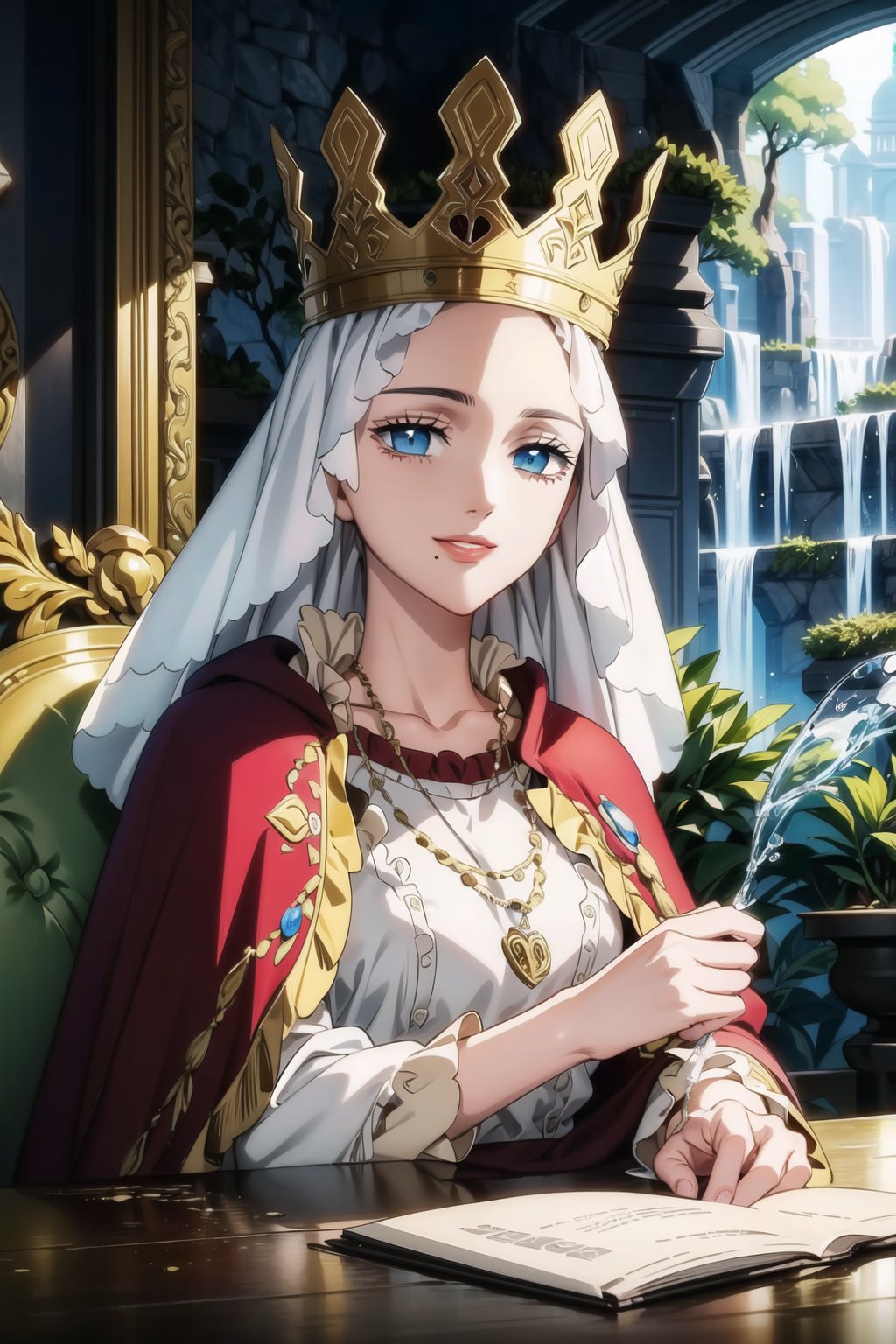 ((best quality)), ((highly detailed)), masterpiece, ((official art)), lolopechka, smile, lips, (queen), (red cape),white dress, looking at viewer, upper body, temple, throne, sitting,scenery,indoor,(water:1.2). (water wall:1.2), (castle, temple),intricately detailed, hyperdetailed, blurry background, depth of field, best quality, masterpiece, intricate details, tonemapping, sharp focus, hyper detailed, trending on Artstation, 1 girl, high res, official art,