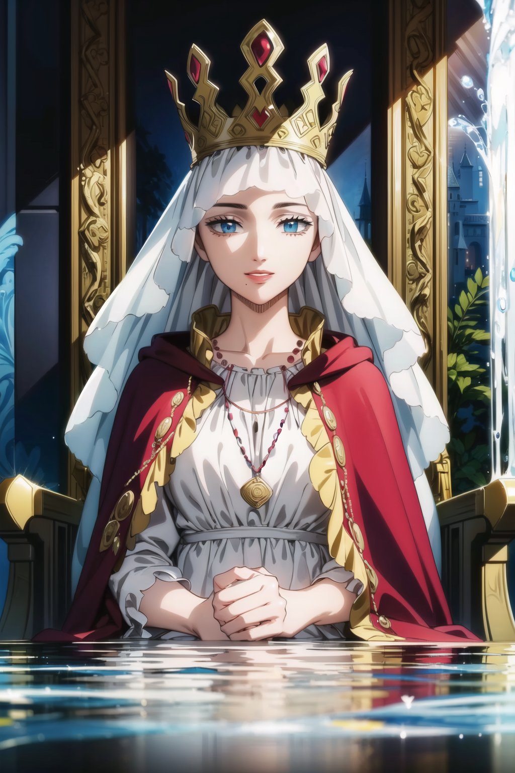 ((best quality)), ((highly detailed)), masterpiece, ((official art)), lolopechka, light smile, lips, (queen), (red cape),white dress, looking at viewer, upper body, temple, throne, sitting,scenery,indoor,(water:1.2). (water wall:1.2), (castle, temple),intricately detailed, hyperdetailed, blurry background, depth of field, best quality, masterpiece, intricate details, tonemapping, sharp focus, hyper detailed, trending on Artstation, 1 girl, high res, official art,