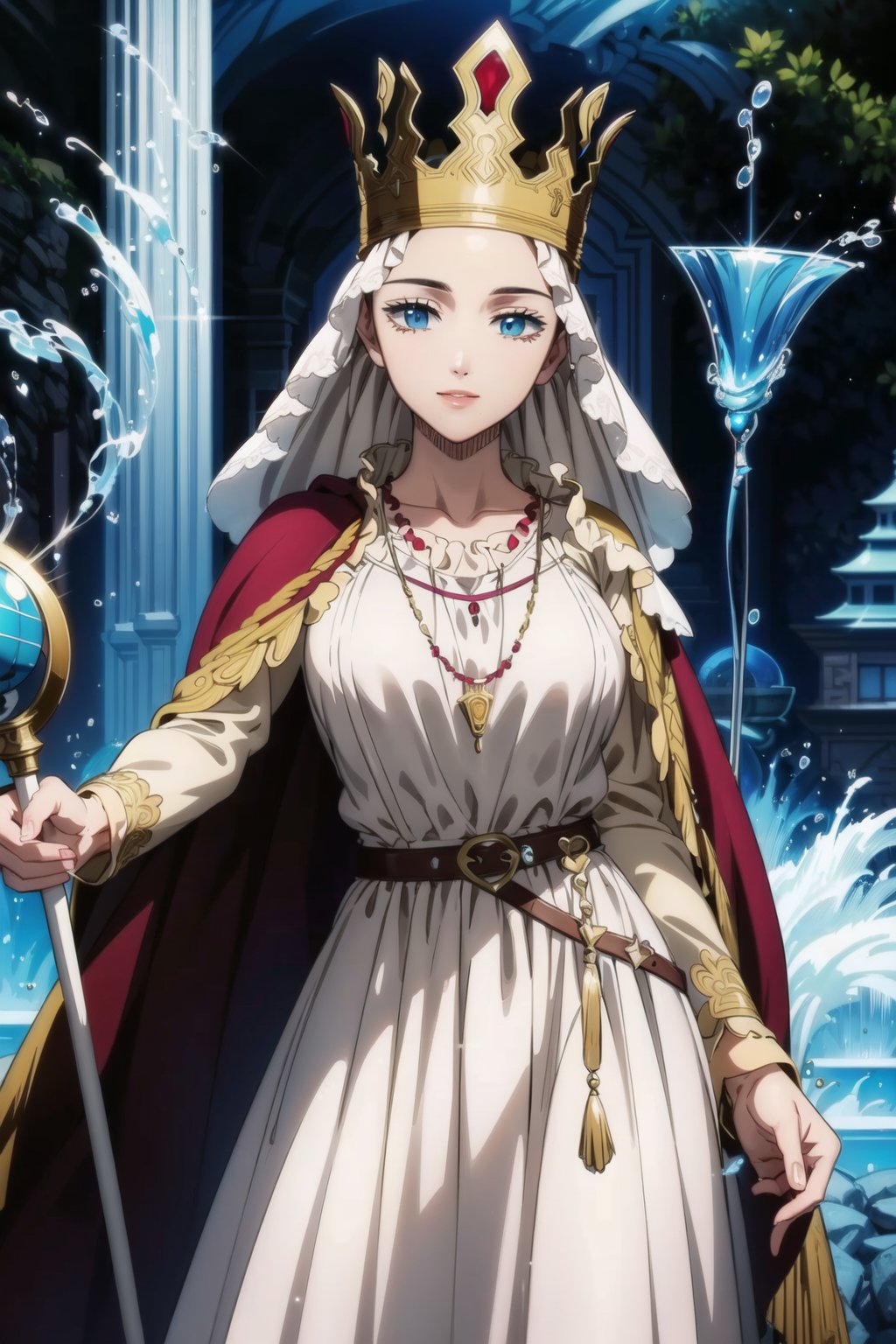 ((best quality)), ((highly detailed)), masterpiece, ((official art)), lolopechka, light smile, lips,closed mouth, staff, holding staff, (queen), (red cape),white dress, looking at viewer, cowboy shot, temple, jewlery, belt .pose ,pose, scenery,indoor,(water:1.2). (water wall:1.2), (castle, temple),intricately detailed, hyperdetailed, blurry background, depth of field, best quality, masterpiece, intricate details, tonemapping, sharp focus, hyper detailed, trending on Artstation, 1 girl, high res, official art,