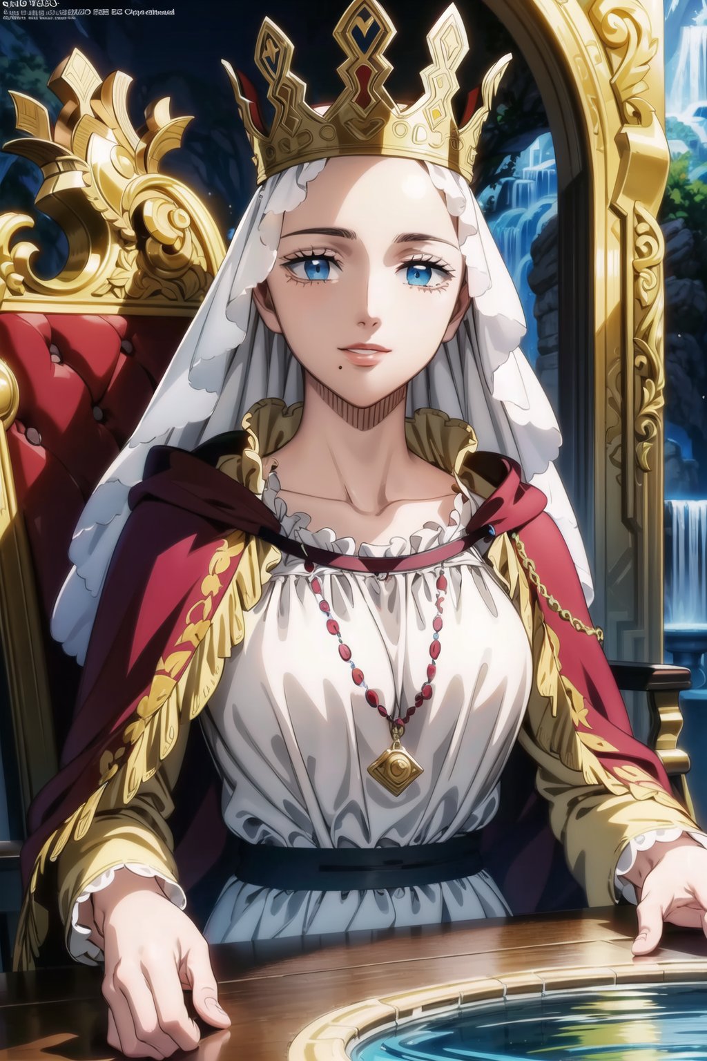 ((best quality)), ((highly detailed)), masterpiece, ((official art)), lolopechka, light smile, lips,closed mouth, (queen), (red cape),white dress, looking at viewer, upper body, temple, throne, sitting,scenery,indoor,(water:1.2). (water wall:1.2), (castle, temple),intricately detailed, hyperdetailed, blurry background, depth of field, best quality, masterpiece, intricate details, tonemapping, sharp focus, hyper detailed, trending on Artstation, 1 girl, high res, official art,