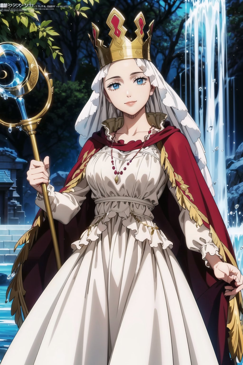 ((best quality)), ((highly detailed)), masterpiece, ((official art)), lolopechka, light smile, lips,closed mouth, staff, holding staff, (queen), (red cape),white dress, looking at viewer, cowboy shot, temple, jewlery, ,pose, scenery,indoor,(water:1.2). (water wall:1.2), (castle, temple),intricately detailed, hyperdetailed, blurry background, depth of field, best quality, masterpiece, intricate details, tonemapping, sharp focus, hyper detailed, trending on Artstation, 1 girl, high res, official art,