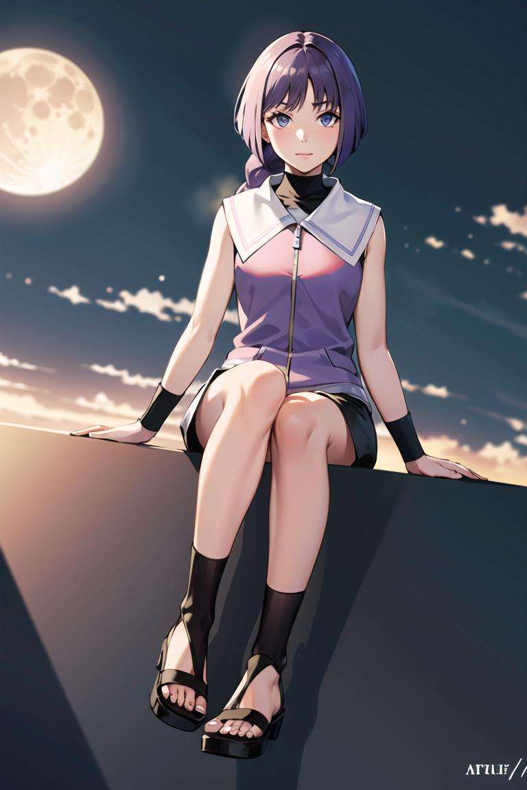 (best quality), (highly detailed), masterpiece, (official art),sumire kakei, single braid,  looking at viewer, city, night, sky, moon, standing,  sleeveless jacket, black shorts, (toeless footwear), sitting, wristband, black shirt, backlighting, blurry background, depth of field, best quality, masterpiece, intricate details, tonemapping, sharp focus, hyper detailed, trending on Artstation,1 girl,