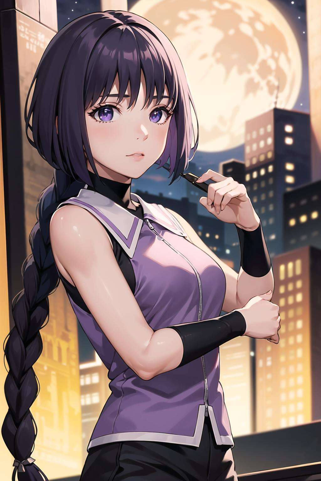 (best quality), (highly detailed), masterpiece, (official art),sumire kakei, single braid, sleeveless jacket, black shorts, wristband, black shirt, looking at viewer, city, night, sky, moon, standing,  upper body,  blurry background, depth of field, best quality, masterpiece, intricate details, tonemapping, sharp focus, hyper detailed, trending on Artstation,1 girl,