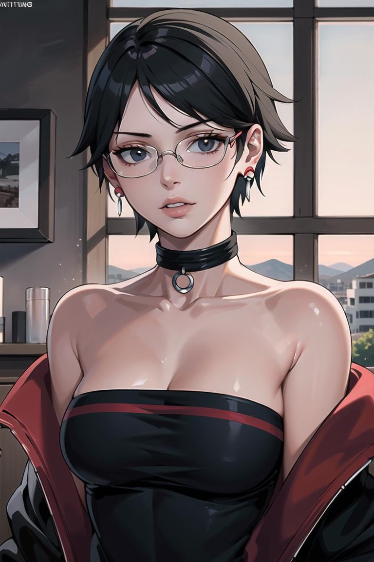 (best quality), (highly detailed), masterpiece, sarada,short hair, black eyes, jewelry, earrings , collar, choker, o-ring, glasses, collarbone, strapless, bare shoulders, upper body, jacket , lips, parted lips, off shoulder , looking at viewer, window,  indoors,scenery, intricately detailed, hyperdetailed, blurry background,depth of field, best quality, masterpiece, intricate details, tonemapping, sharp focus, hyper detailed, trending on Artstation,1 girl, high res, official art
