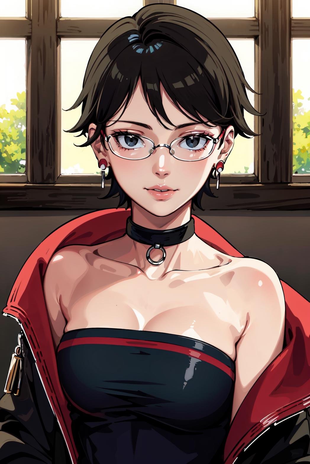 (best quality), (highly detailed), masterpiece, sarada,short hair, black eyes, jewelry, earrings , collar, choker, o-ring, glasses, collarbone, strapless, bare shoulders, upper body, jacket , lips,  off shoulder,  light smile, window, indoors,scenery, intricately detailed, hyperdetailed, blurry background,depth of field, best quality, masterpiece, intricate details, tonemapping, sharp focus, hyper detailed, trending on Artstation,(1 girl),(solo), high res, official art