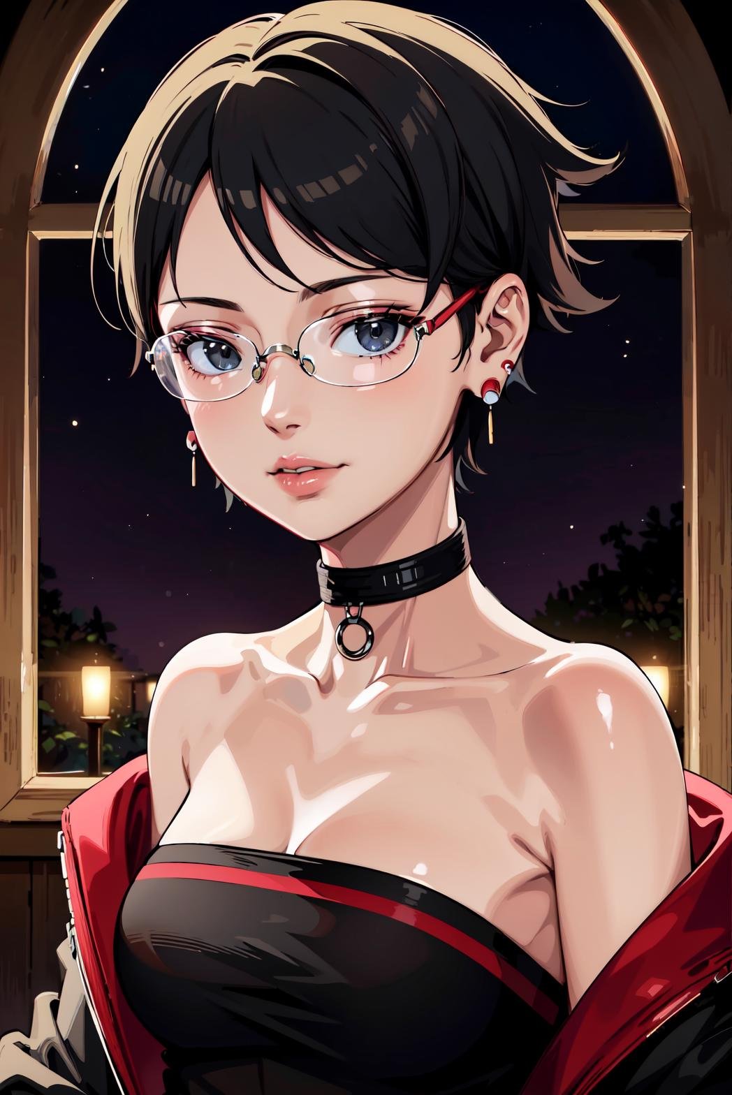 (best quality), (highly detailed), masterpiece, sarada,short hair, black eyes, jewelry, earrings , collar, choker, o-ring, glasses, collarbone, strapless, bare shoulders, upper body, jacket , lips,  off shoulder,  light smile, window, indoors,scenery, intricately detailed, hyperdetailed, blurry background,depth of field, best quality, masterpiece, intricate details, tonemapping, sharp focus, hyper detailed, trending on Artstation,(1 girl),(solo), high res, official art