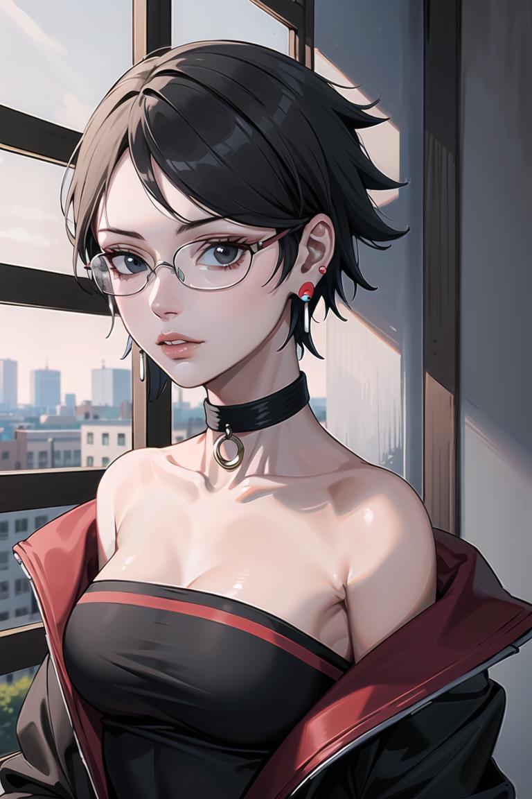 (best quality), (highly detailed), masterpiece, sarada,short hair, black eyes, jewelry, earrings , collar, choker, o-ring, glasses, collarbone, strapless, bare shoulders, upper body, jacket , lips, parted lips, off shoulder , looking at viewer, window,  indoors,scenery, intricately detailed, hyperdetailed, blurry background,depth of field, best quality, masterpiece, intricate details, tonemapping, sharp focus, hyper detailed, trending on Artstation,1 girl, high res, official art