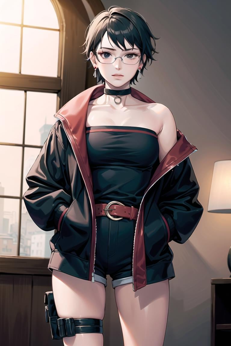 (best quality), (highly detailed), masterpiece, sarada, short hair, bare shoulders, jewelry, standing, collarbone, jacket, earrings, glasses, shorts, collar, o-ring, socks, belt, off shoulder, black eyes, open jacket, black jacket, strapless, thigh strap, hands in pockets, holster, red belt, cowboy shot , looking at viewer, window,  indoors,scenery, intricately detailed, hyperdetailed, blurry background,depth of field, best quality, masterpiece, intricate details, tonemapping, sharp focus, hyper detailed, trending on Artstation,1 girl, high res, official art