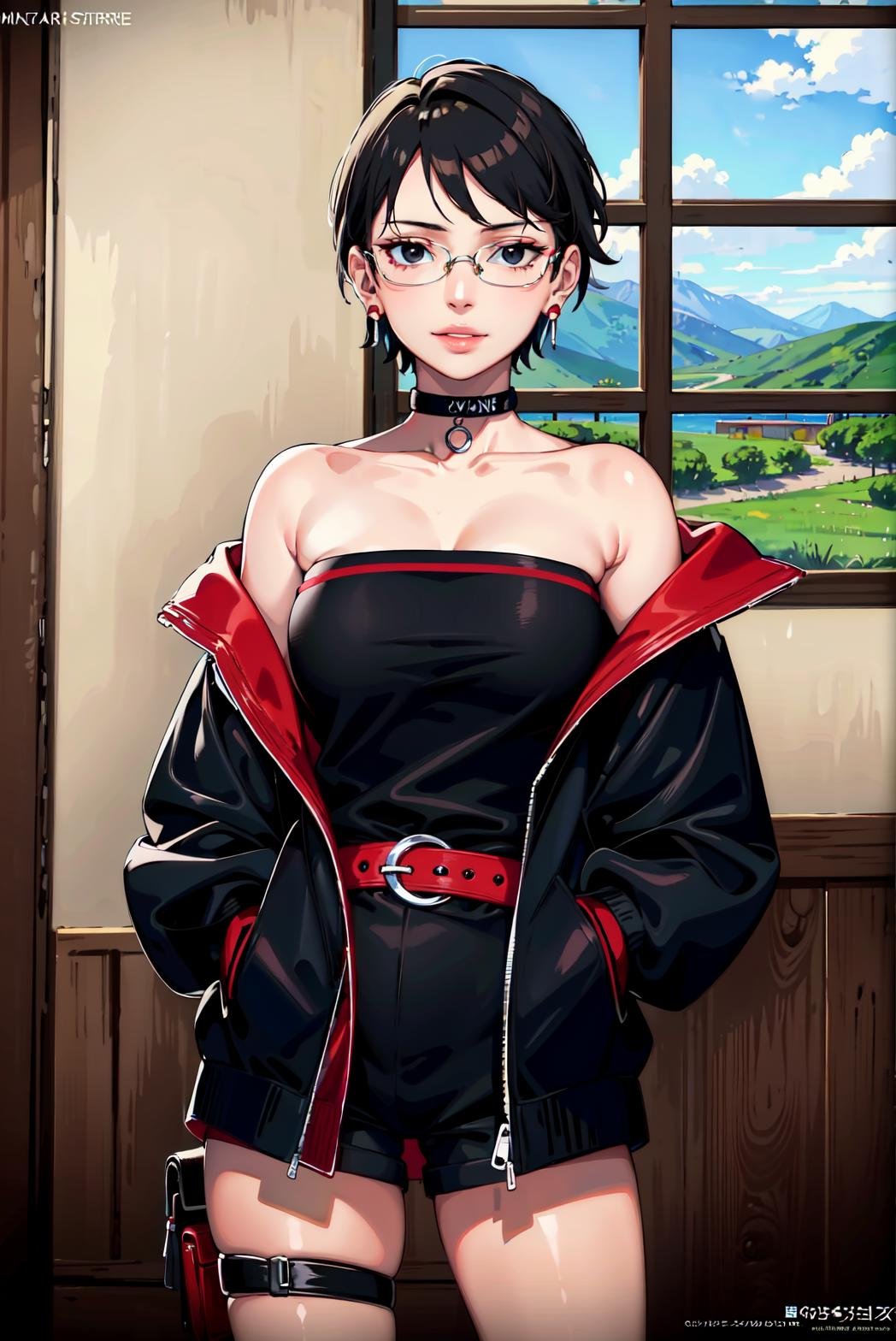 (best quality), (highly detailed), masterpiece, sarada, short hair, bare shoulders, jewelry, standing, collarbone, jacket, earrings, glasses, shorts, collar, o-ring, socks, (black shirt), belt, off shoulder, black eyes, open jacket, black jacket, strapless, thigh strap, hands in pockets, holster, red belt, cowboy shot ,lips,  light smile, window, indoors,scenery, intricately detailed, hyperdetailed, blurry background,depth of field, best quality, masterpiece, intricate details, tonemapping, sharp focus, hyper detailed, trending on Artstation,(1 girl),(solo), high res, official art