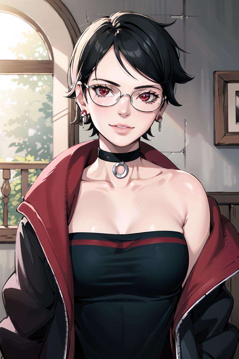 (best quality), (highly detailed), masterpiece, sarada, (mangekyou sharingan:1.2), jewelry, earrings , choker, glasses, collarbone, jacket , open jacket, tube top, upper body, lips,light smile, window, indoors,scenery, intricately detailed, hyperdetailed, blurry background,depth of field, best quality, masterpiece, intricate details, tonemapping, sharp focus, hyper detailed, trending on Artstation,1 girl, high res, official art