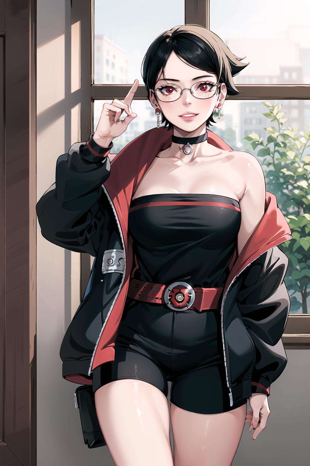 (best quality), (highly detailed), masterpiece, sarada, (mangekyou sharingan:1.2),  jewelry, earrings , choker, glasses, collarbone, bare shoulders, jacket ,  open jacket, strapless, black shorts, red belt, cowboy shot,lips, parted lips, light smile ,looking at viewer, window,  indoors,scenery, intricately detailed, hyperdetailed, blurry background,depth of field, best quality, masterpiece, intricate details, tonemapping, sharp focus, hyper detailed, trending on Artstation,1 girl, high res, official art