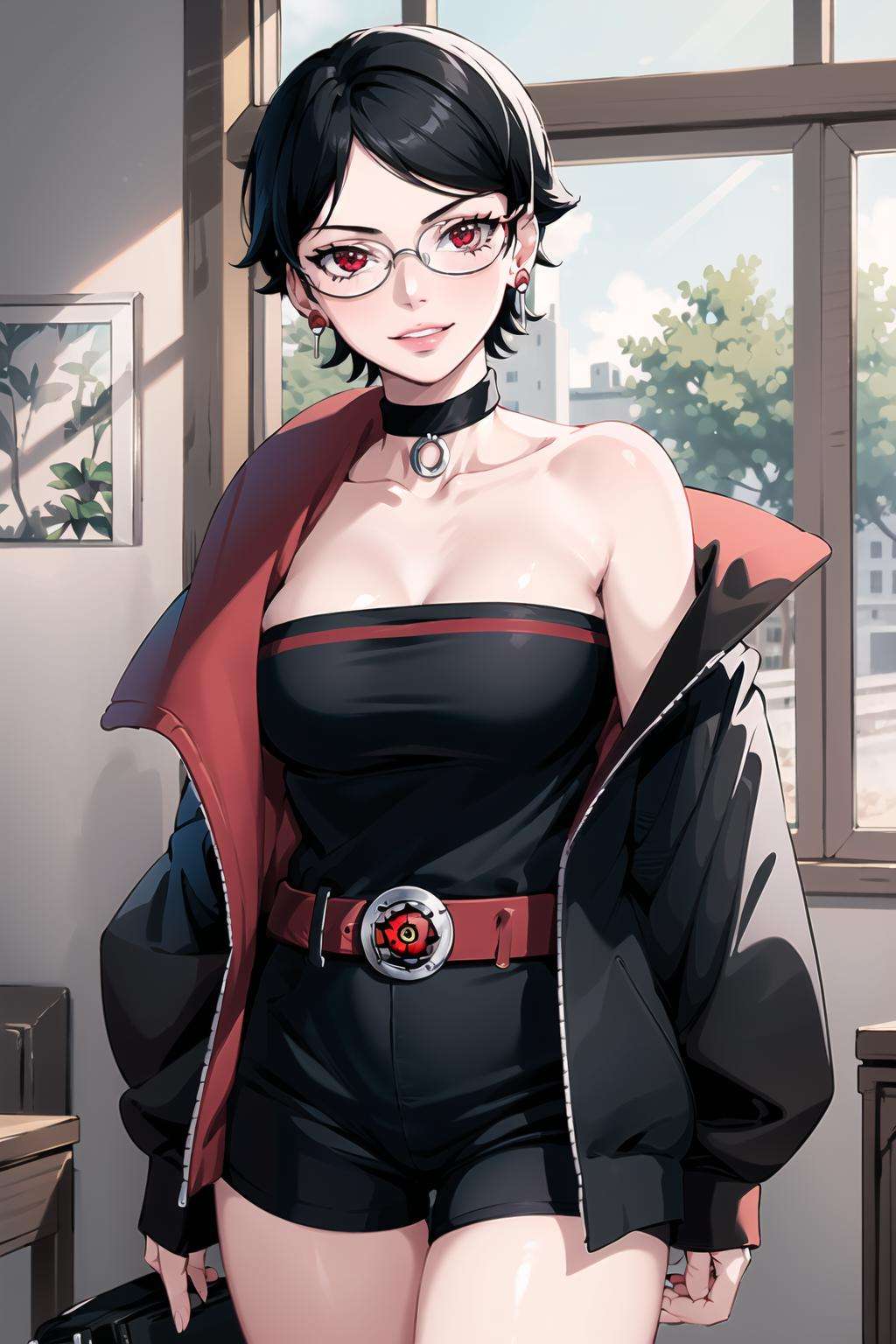 (best quality), (highly detailed), masterpiece, sarada, (mangekyou sharingan:1.2),  jewelry, earrings , choker, glasses, collarbone, bare shoulders, jacket ,  open jacket, strapless, black shorts, red belt, cowboy shot,lips, parted lips, light smile ,looking at viewer, window,  indoors,scenery, intricately detailed, hyperdetailed, blurry background,depth of field, best quality, masterpiece, intricate details, tonemapping, sharp focus, hyper detailed, trending on Artstation,1 girl, high res, official art