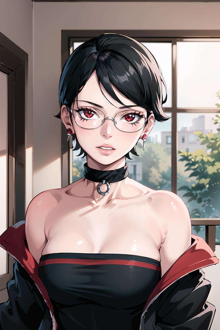 (best quality), (highly detailed), masterpiece, sarada, (mangekyou sharingan:1.2),  jewelry, earrings , choker, glasses, collarbone, strapless, bare shoulders, jacket ,  open jacket, upper body,  lips, parted lips,  looking at viewer, window,  indoors,scenery, intricately detailed, hyperdetailed, blurry background,depth of field, best quality, masterpiece, intricate details, tonemapping, sharp focus, hyper detailed, trending on Artstation,1 girl, high res, official art