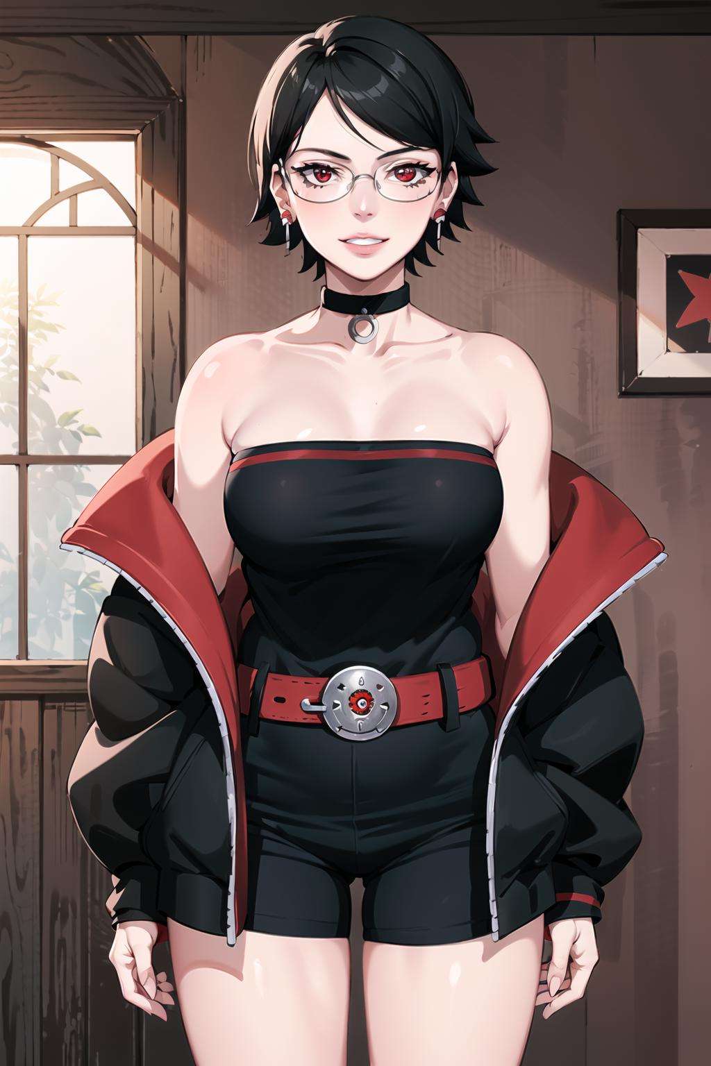 (best quality), (highly detailed), masterpiece, sarada, (mangekyou sharingan:1.2),  jewelry, earrings , choker, glasses, collarbone, bare shoulders, jacket ,  open jacket, strapless, black shorts, red belt, cowboy shot,lips, parted lips, light smile ,looking at viewer, window,  indoors,scenery, intricately detailed, hyperdetailed, blurry background,depth of field, best quality, masterpiece, intricate details, tonemapping, sharp focus, hyper detailed, trending on Artstation,1 girl, high res, official art