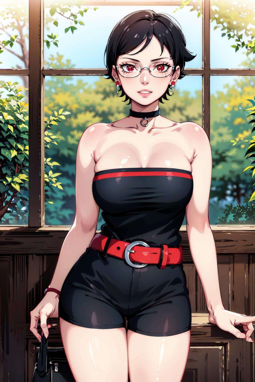 (best quality), (highly detailed), masterpiece, sarada, (mangekyou sharingan), jewelry, earrings , choker, glasses, collarbone, bare shoulders, strapless, black shorts, red belt, cowboy shot,lips, parted lips, light smile ,looking at viewer, window, indoors,scenery, intricately detailed, hyperdetailed, blurry background,depth of field, best quality, masterpiece, intricate details, tonemapping, sharp focus, hyper detailed, trending on Artstation,1 girl, high res, official art