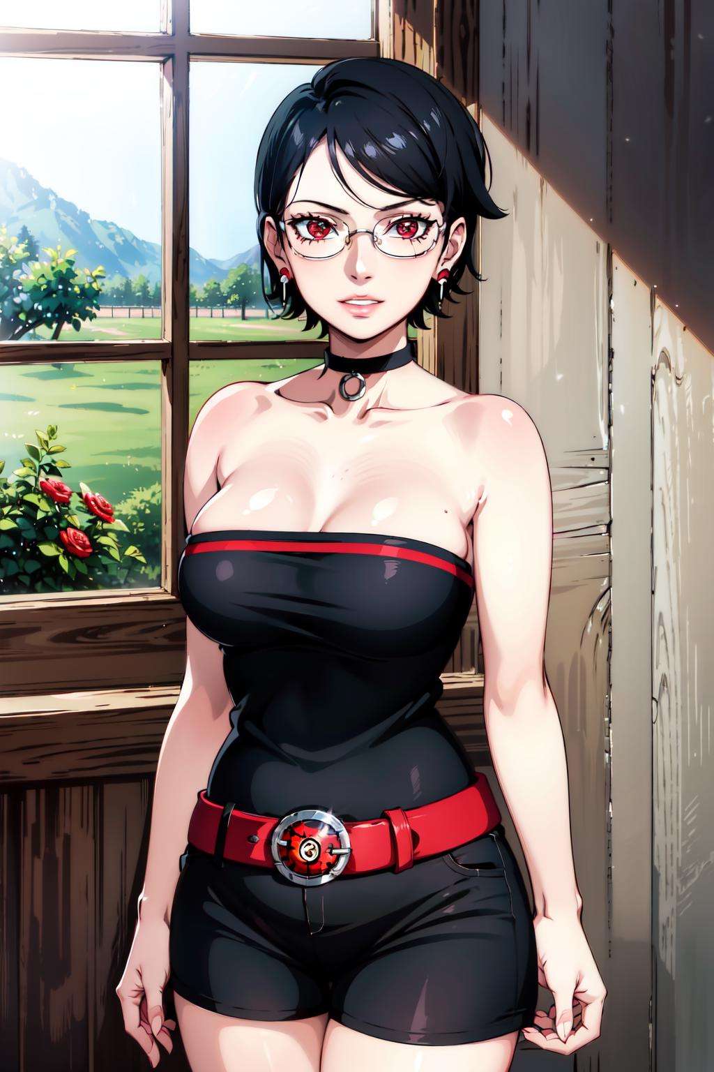 (best quality), (highly detailed), masterpiece, sarada, (mangekyou sharingan), jewelry, earrings , choker, glasses, collarbone, bare shoulders, strapless, black shorts, red belt, cowboy shot,lips, parted lips, light smile ,looking at viewer, window, indoors,scenery, intricately detailed, hyperdetailed, blurry background,depth of field, best quality, masterpiece, intricate details, tonemapping, sharp focus, hyper detailed, trending on Artstation,1 girl, high res, official art