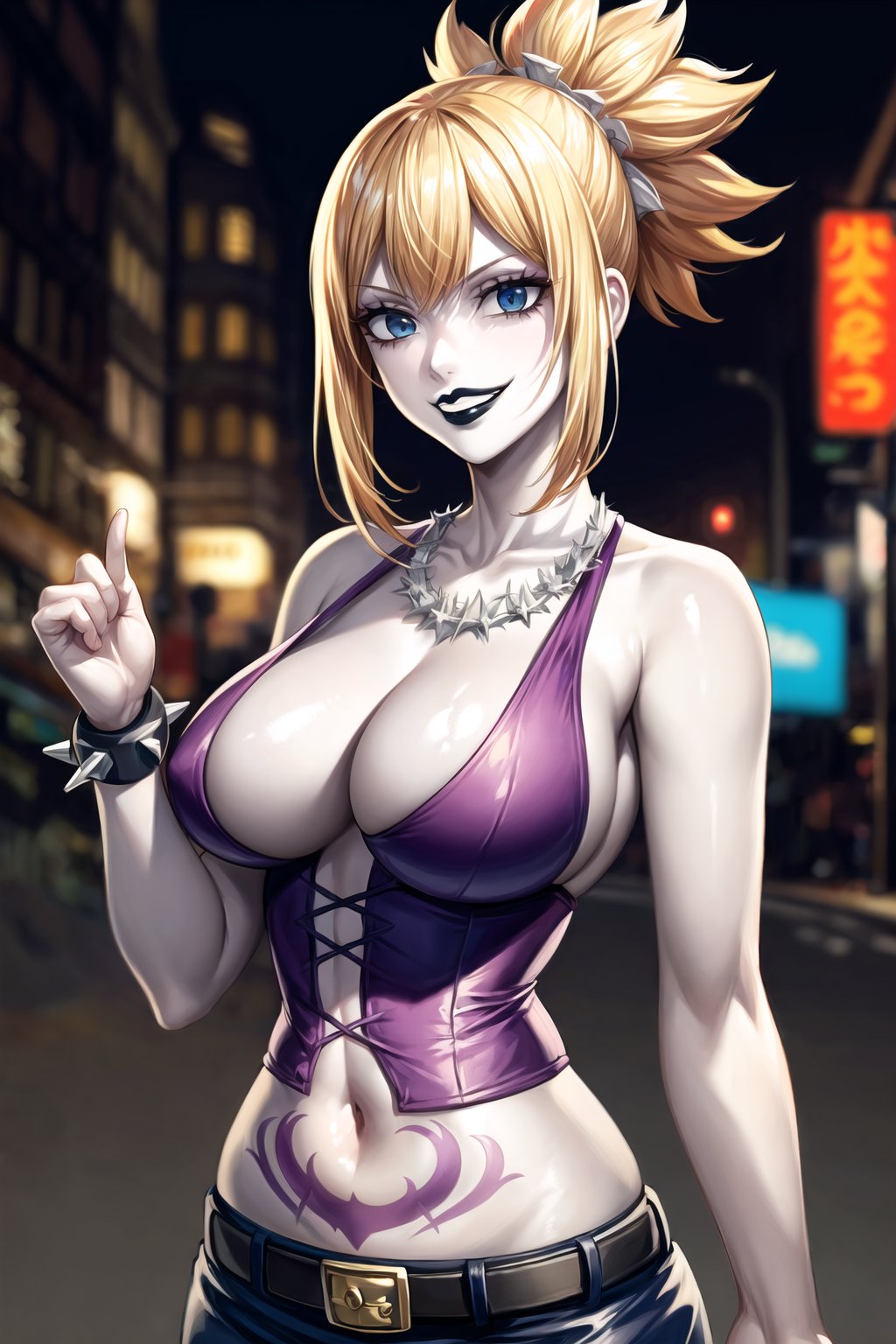 ((best quality)),  ((highly detailed)),  masterpiece,  (official art), natural lighting on your face,kohaku, blonde hair, blue eyes, hair ornament, ponytail
,(RockOfSuccubus),  (lips:1.2), (black lips:1.4), grin,  blue eyes,  smirk:1.1, evil smile, teeth,  necklace , large breasts,  navel,  cleavage,  midriff,  belt,  vinyl pants, (tattoo:1.1),  (pubic tattoo:1.2), (purple corset:1.2) (latex), (shiny clothes:1.3), makeup,  (colored skin:1.3),   (pale skin:1.5),  bare shoulders, cross-laced clothes,  (spiked bracelet),  corset,  bustie,  (cyberpunk:1.2),  street, city, scenery,  night.,  intricately detailed,  hyperdetailed,  blurry background, depth of field,  best quality,  masterpiece,  intricate details,  tonemapping,  sharp focus,  hyper detailed,  trending on Artstation, 1 girl,  high res,  official art,aaarisu,kohaku