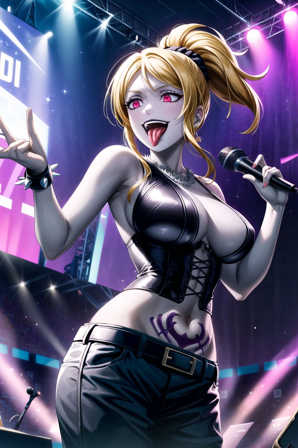 ((best quality)),  ((highly detailed)),  masterpiece,  ((official art)),(stage), ((microphone)), ((holding_microphone)), glowstick, stereo, disco_ball, holding_microphone, (idol:1.3), (idol_clothes:1.3), light_particles, microphone, stage_lights, ayase eli, blue eyes, ponytail, blonde hair, white scrunchie,,(RockOfSuccubus),  (lips:1.2), (black lips:1.4), grin,  (red eyes:1.2),  smirk:1.1, evil smile, teeth,  open mouth, tongue, tongue out, (v:1.2), necklace , large breasts,  navel,  cleavage,  midriff,  belt,  vinyl pants, (tattoo:1.1),  (pubic tattoo:1.2), , makeup,  (colored skin:1.3),   (pale skin:1.5),  bare shoulders, cross-laced clothes,  (spiked bracelet),  corset,  bustie,  (cyberpunk:1.2),  Dark alley,  transformation,  arms outstretched,  legs spread,  girl,  night,  dramatic reveal,  suspenseful,  urban environment,  mysterious ambiance,  dramatic lighting,  cinematic scene,  self-transformation,  supernatural,  otherworldly,  metamorphosis,  mystical,  mystical energy,  power awakening.,  intricately detailed,  hyperdetailed,  blurry background, depth of field,  best quality,  masterpiece,  intricate details,  tonemapping,  sharp focus,  hyper detailed,  trending on Artstation, 1 girl,  high res,  official art