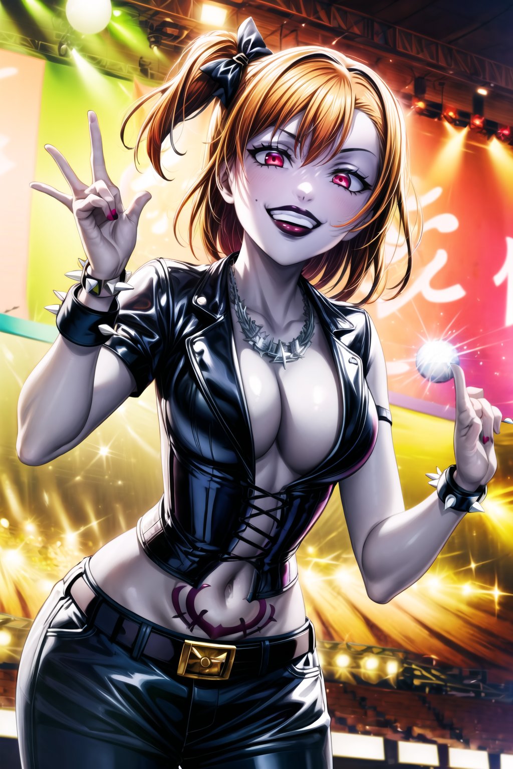 ((best quality)),  ((highly detailed)),  masterpiece,  ((official art)),(stage), glowstick, stereo, disco_ball, , light_particles, stage_lights,  kousaka honoka, yellow hair bow, one side up, orange hair, , medium hair,(RockOfSuccubus),  (lips:1.2), (black lips:1.4), grin,  (red eyes:1.2),  smirk:1.1, evil smile, teeth, necklace , large breasts,  navel,  cleavage,  midriff,  belt,  vinyl pants, (tattoo:1.1),  (pubic tattoo:1.2), (latex), (shiny clothes:1.3), makeup,  (colored skin:1.3),   (pale skin:1.5),  bare shoulders, cross-laced clothes,  (spiked bracelet),  corset,  bustier,   intricately detailed,  hyperdetailed,  blurry background, depth of field,  best quality,  masterpiece,  intricate details,  tonemapping,  sharp focus,  hyper detailed,  trending on Artstation, 1 girl,  high res,  official art