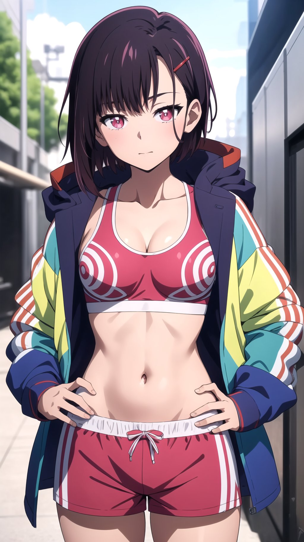 (masterpiece, best quality), intricate details, shizukazom100, 1girl, short hair, dark purple hair, bangs, hair ornament, hairclip, pink eyes, white pupils, medium breasts, collarbone, blue jacket, sports bra, navel, midriff, pink shorts, dynamic pose, <lora:shizukazom100 v3:0.7>