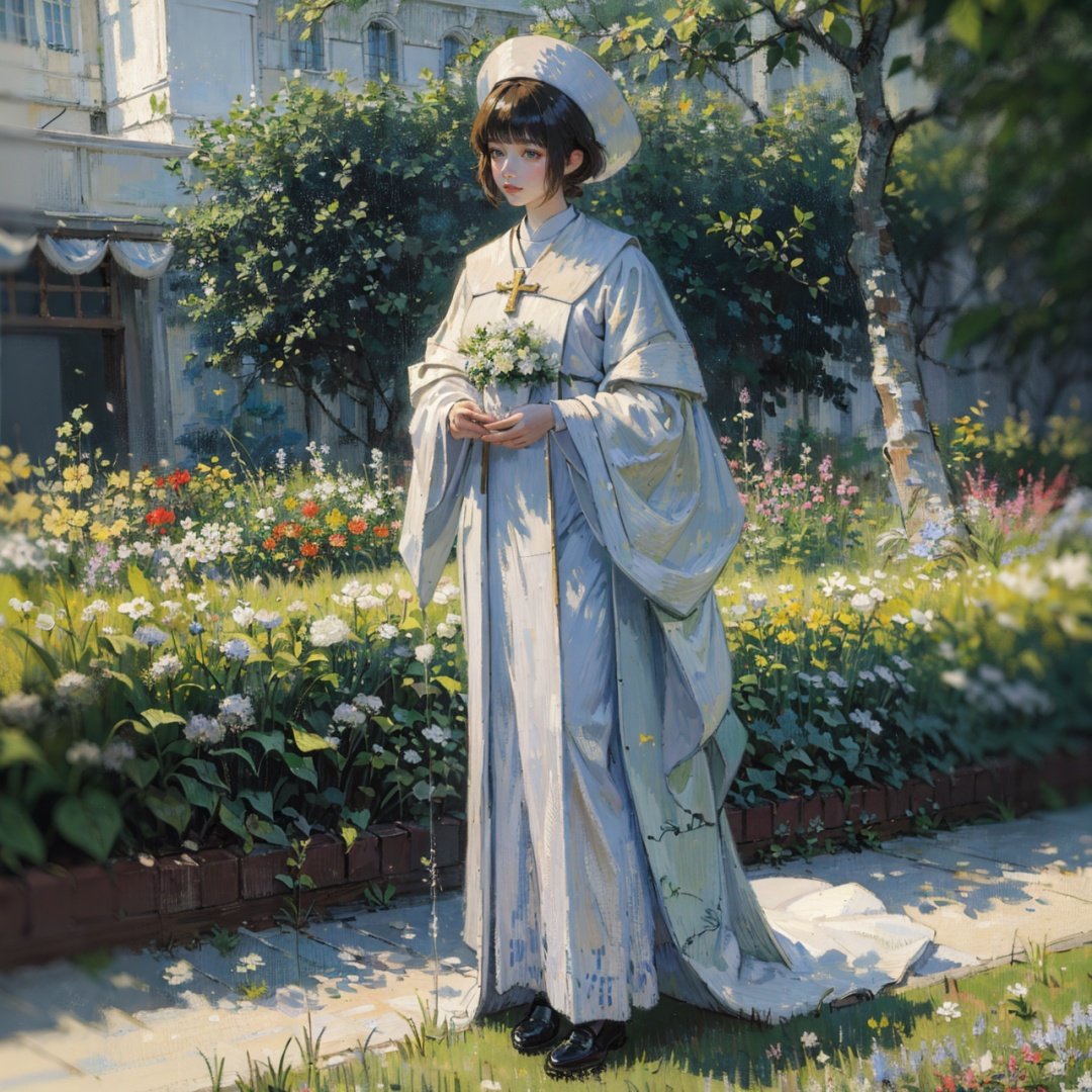 (masterpiece, best quality),(depth of field),(full body),glossy and shiny skin,1girl,solo,priest wearing white robe,(Impressionism:1.4),(Vincent van Gogh),flowers,oil painting,garden,