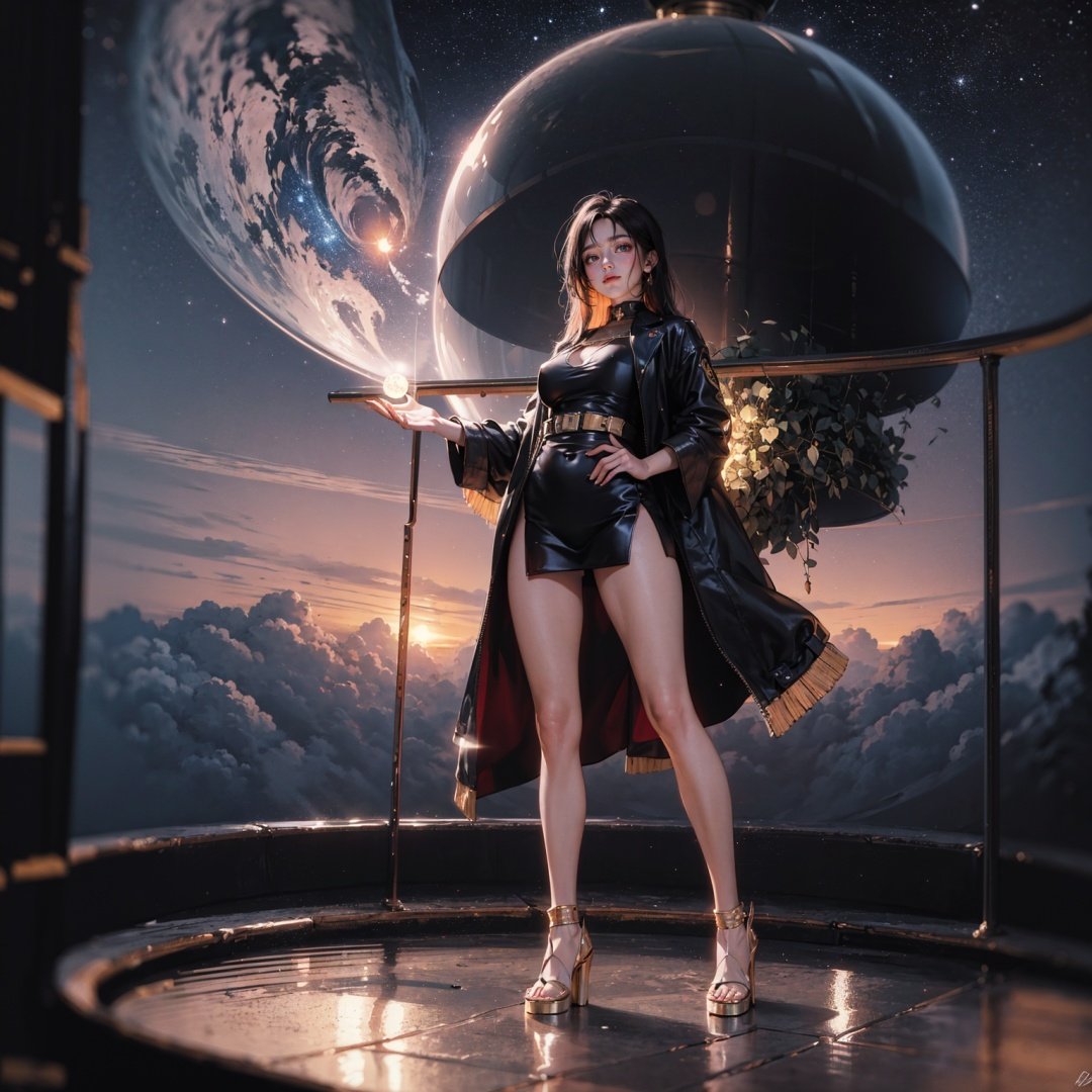 (masterpiece, best quality),(depth of field),(1girl,solo),standing,looking at viewer,shiny skin,full body,Floating Observatory: A magnificent observatory suspended high above the clouds,providing an unparalleled view of celestial phenomena and distant galaxies,with starlit platforms and glass domes that immerse visitors in the wonders of the cosmos.,