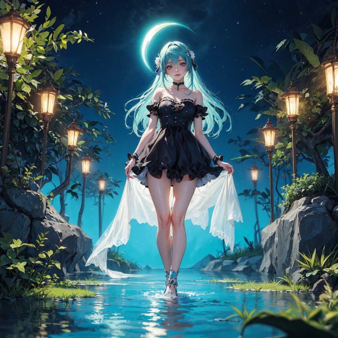 (masterpiece, best quality),(depth of field),1girl,solo,standing,looking at viewer,shiny skin,(fashionable and stylish babydoll, cute and pretty anime doll),full body,Enchanted Lagoon: A serene lagoon surrounded by glowing flora and mythical creatures,where the water reflects the night sky and the soft glow of underwater life.,
