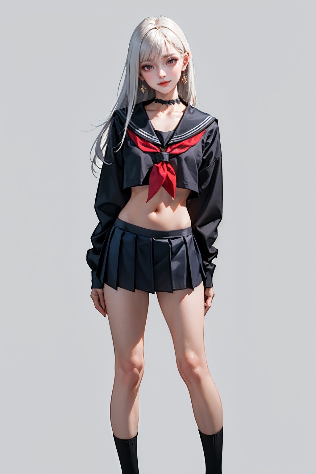 (masterpiece, best quality),1girl,solo,model posture,(platinum hair),long hair,(bangs),earrings,looking at viewer,collarbone,(red eyes),smile,small breasts,fullbody,(school uniform),crop top,pleated miniskirt,thong string,chocker,(simple background,white background),standing,