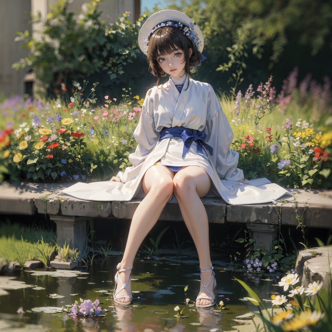 (masterpiece, best quality), (snapshot, blur, depth of field), highres, (fashionable and stylish babydoll, cute and pretty anime doll), (sexually attractive full body and legs), glossy and shiny skin,1girl, solo, priest wearing white robe, (Impressionism:1.4), (Vincent van Gogh), flowers, oil painting, garden