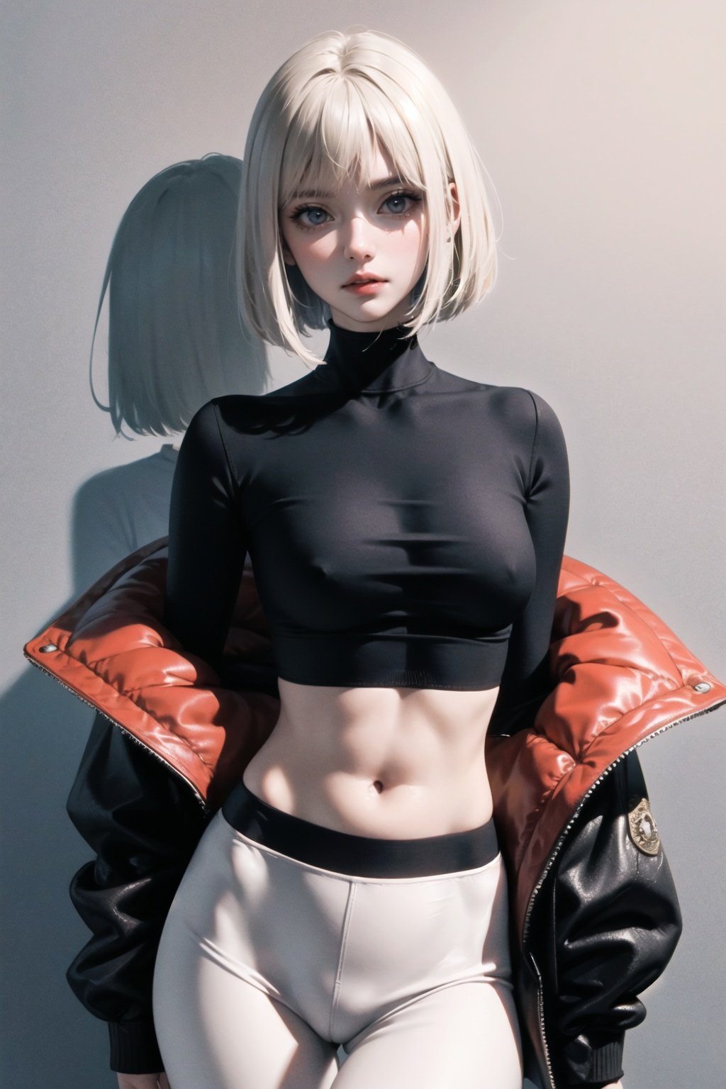 (masterpiece, best quality),1lady,solo,leggings,cropped top,jacket,platinum blonde,bob cut,cowboy shot,black eyes,