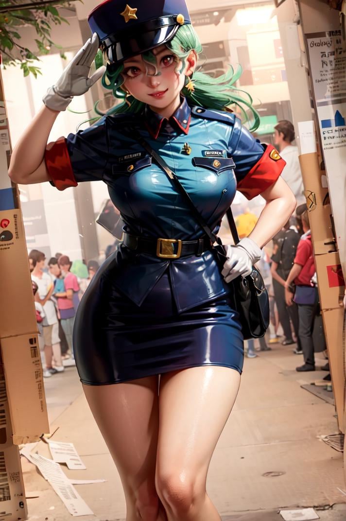 (masterpiece, best quality:1.2) officer jenny, pokemon, 1girl, solo, long hair, breasts, looking at viewer, smile, red eyes, green hair, huge breasts, green hair, white gloves, police hat, miniskirt, bag, star (symbol), uniform, blue skirt, hand on hip, blue shirt, pencil skirt, brown pantyhose, salute, police uniform, simple background <lora:OFFICERJ-15:0.8>