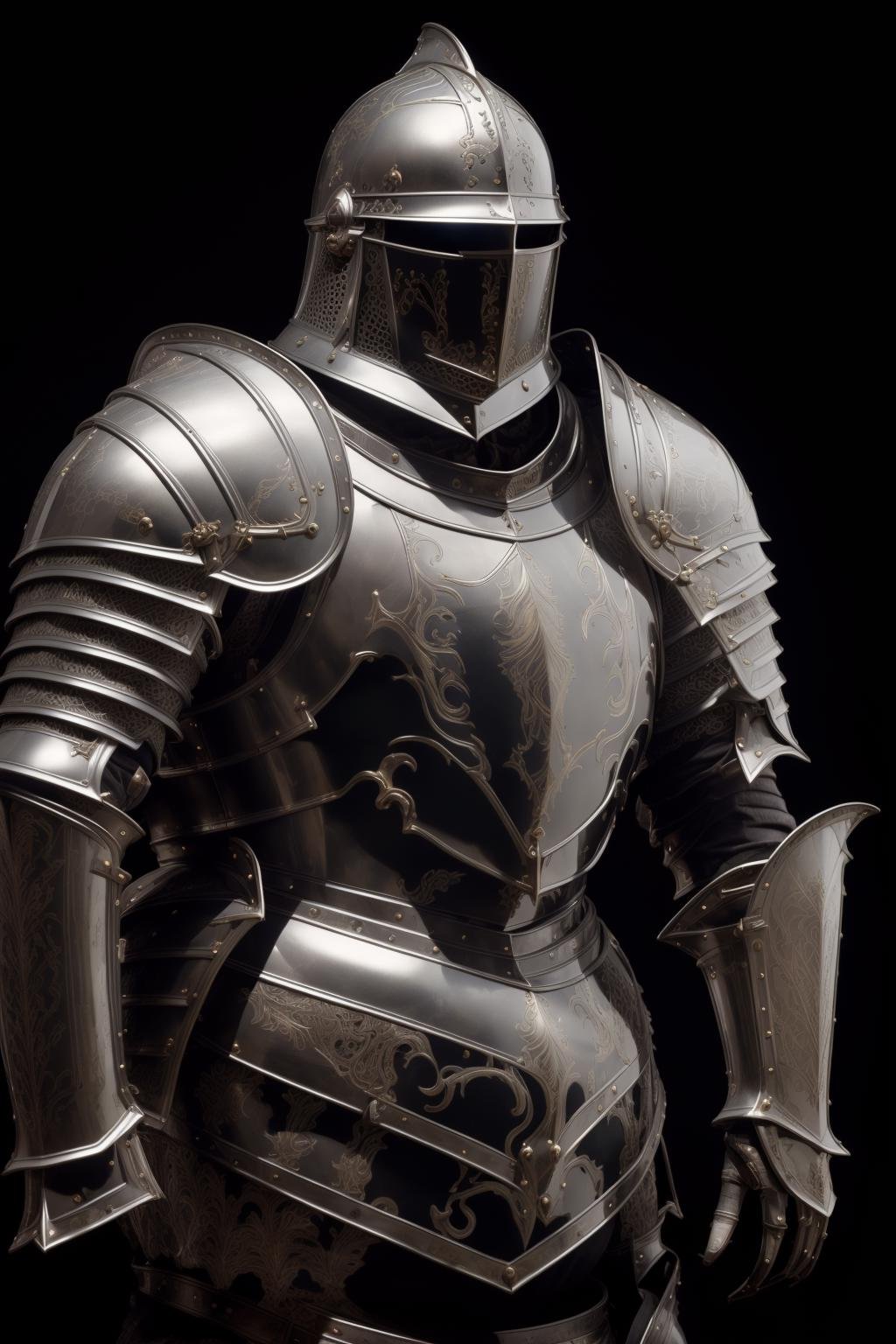 masterpiece, best quality,medieval armor,  armor, helmet, solo, full armor, breastplate, upper body, helm, black background, 1other, shoulder armor, simple background, knight, ambiguous gender, 1boy, pauldrons, male focus, gauntlets,chrome armor, 