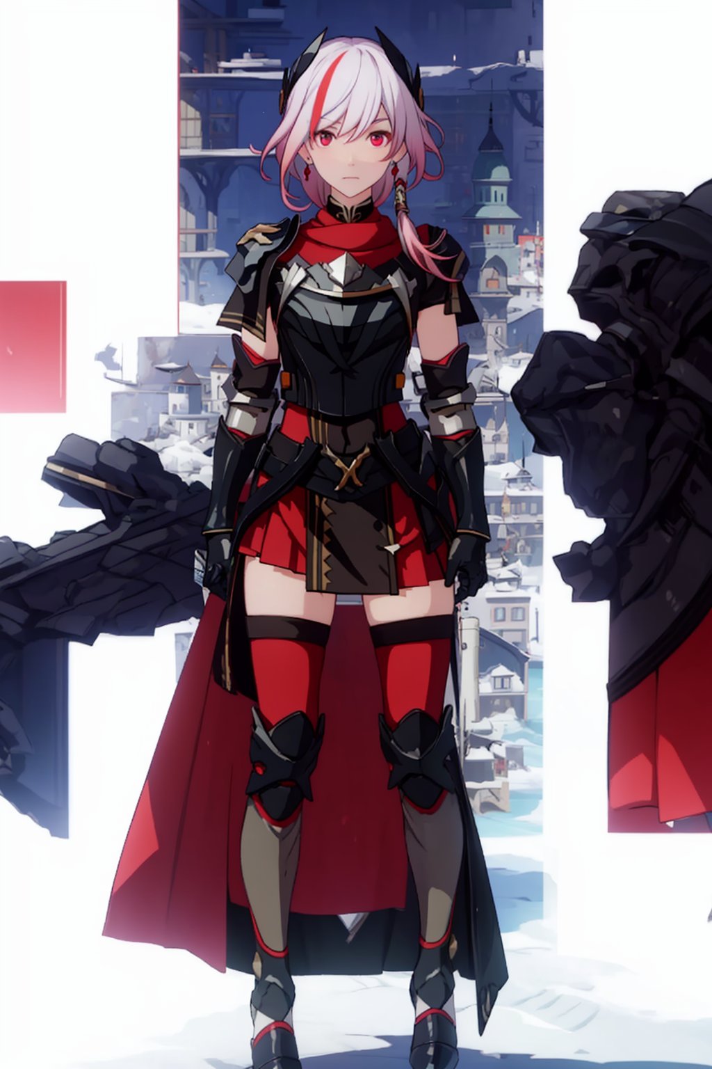 (masterpiece:1.3),(the best quality:1.2),(super fine illustrations:1.2),(Masterpiece),high quality,high detail,(white background:1.2),looking at viewer,(SOLO:1.4),outline,simple background,, , red skirt,skirt,white hair,pink hair,shoulder armor,hair ornament,armor,thighhighs,streaked hair,red hair,multicolored hair,red eyes,fu_hua,hair_between_eyes,solo,