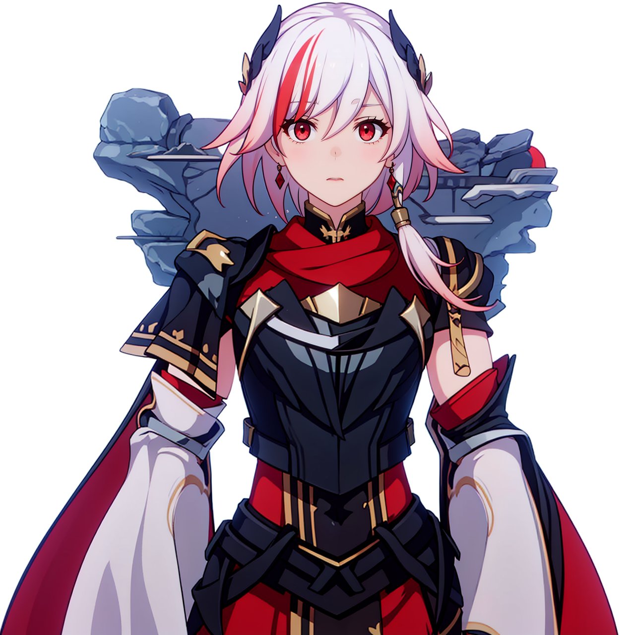 (masterpiece:1.3),(the best quality:1.2),(super fine illustrations:1.2),(Masterpiece),high quality,high detail,(white background:1.2),looking at viewer,(SOLO:1.4),outline,simple background,
red skirt,skirt,white hair,pink hair,shoulder armor,hair ornament,armor,thighhighs,streaked hair,red hair,multicolored hair,red eyes,fu_hua,hair_between_eyes,solo,