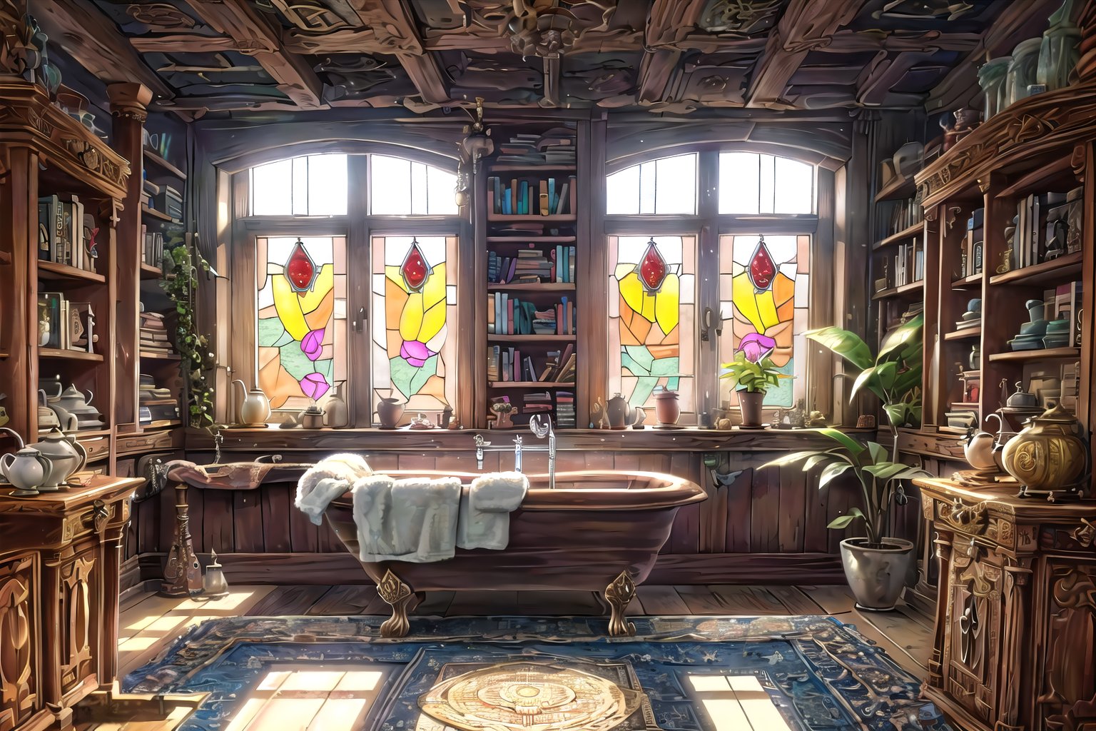 (masterpiece,  UHD,  photo-realistic:1.3),  a fantasy setting,  indoors,  space art,  8k,  (intricate details),  madgod,  stop motion,  horror,  sky,  ((no humans)), (sandstone villa),  balcony,  atmosphere,  sharp focus,  tilt shift, (soft lighting),  bloom,  dappled sunlight,  caustics,  rich colors,  indian aesthetic,  indian,  indian architecture,  gorgeous,  (two arched doorways:1.1),  cozy atmosphere,  shag rug,  bathtub,  pillar,  curtain,  sheer,  transparent,  beautiful,  dreamy,  warm lighting,  (comfortable furniture:1.2),  crackling fireplace,  (plush cushions:1.1),  ornate carpets,  intricate tapestries,  (bookshelves filled with ancient tomes:1.2),  (soft candlelight:1.1),  relaxing ambiance,  (curved staircase:1.1),  (beautifully carved wooden banister:1.2),  (exquisite chandelier:1.1),  (lush potted plants:1.2),  hidden alcoves,  (delicate stained glass windows:1.2),  serene indoor garden,  (sunlight filtering through:1.1),  (cozy nooks:1.2),  (teapot and teacups:1.1),  (sandstone walls:1.1),  (intricate patterns:1.2),  (ornamental decorations:1.1),  (various colors:1.4), FFIXBG, RING, EpicSky, wrench_elven_arch, sugar_rune, <lora:EMS-29556-EMS:0.300000>, , <lora:EMS-27410-EMS:0.400000>, , <lora:EMS-27725-EMS:0.600000>, , <lora:EMS-28688-EMS:0.500000>