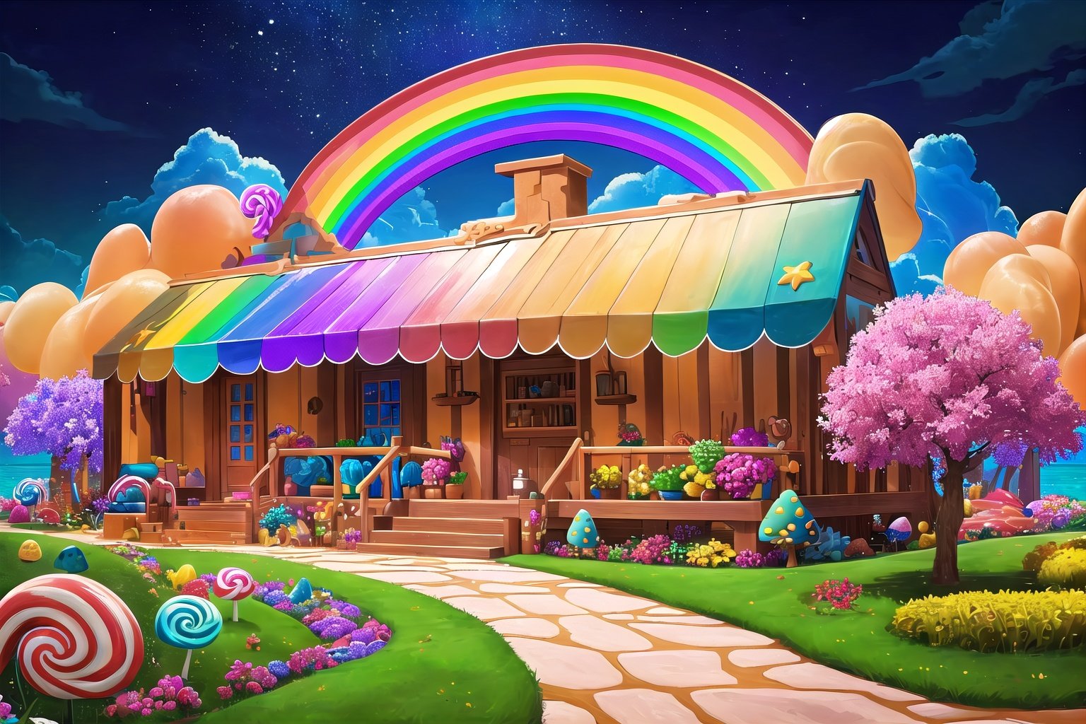 (Masterpiece,  best quality:1.3),  highly detailed,  fantasy,  ,  8k,  candyland,  dynamic,  cinematic,  ultra-detailed,  full background,  fantasy,  illustration,  drip,  sparkle,  pancake:1.3),  (ocean),  beautiful,  grass,  syrup,  glitter,  scenery,  ((no humans)),  drizzle,  beautiful,  (shiny:1.2),  various colors,  monolithic,  bloom:0.4,  extremely detailed,  (yellow and brown theme:1.3),  striped,  rainbow,  (gradients),  mushroom kingdom,  lively,  perfect composition, candyland, <lora:EMS-27722-EMS:0.600000>