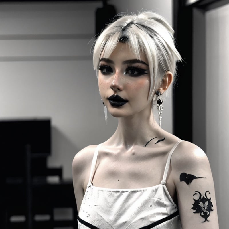 1girl,<lora:egirlmakeup:0.9>,egirlmakeup,avatar \(ff14\), earrings, upper body,blurry background,realistic,short hair, white hair,black dress,indoors,