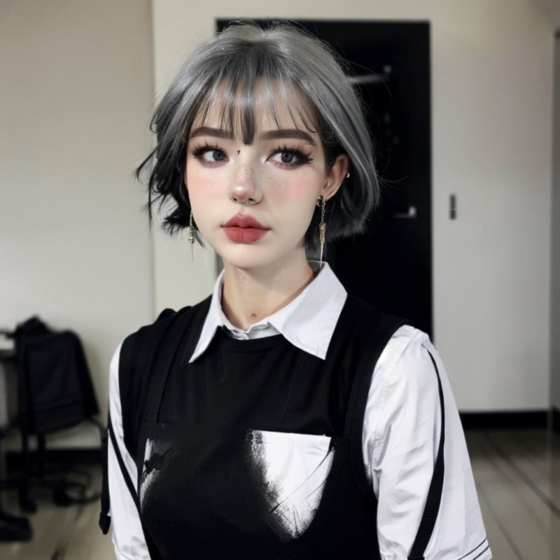 1girl,<lora:egirlmakeup:0.9>,egirlmakeup,avatar \(ff14\), earrings, upper body,blurry background,realistic,short hair, white hair,black dress,indoors, school uniform,